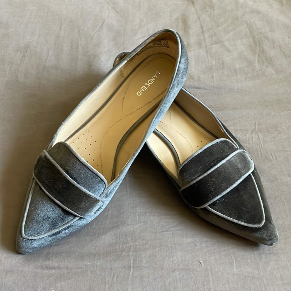 Grey velvet Land’s End dress loafers.